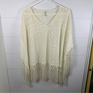 Boho Cream Crochet Lace Top‎ Sz M / L  Festival Coverup Fringe Gypsy Fairycore